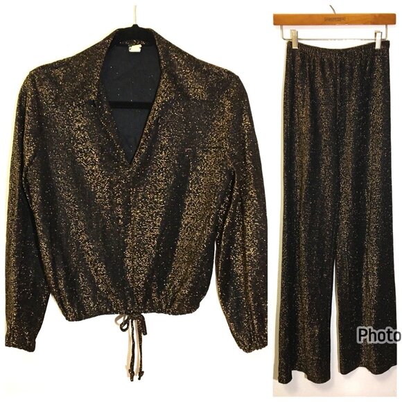 Vintage 70s Two Piece Disco Set Gold Metallic Cropped Top Wide Flare Pants (IB) - Picture 1 of 16